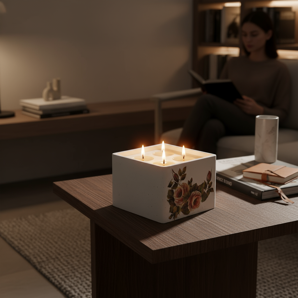 Square Floral El Yapımı Beton Mum Seti